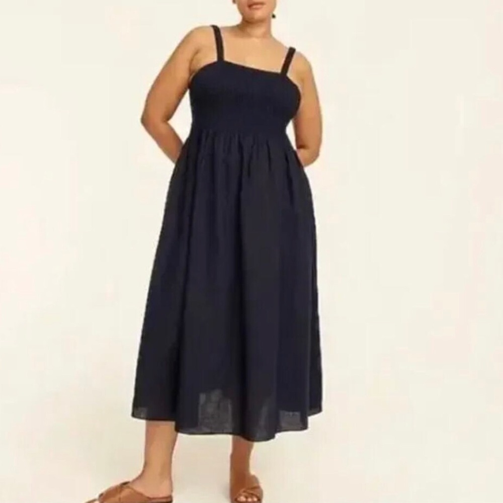 J. Crew Smocked Beach Dress Size M Navy Linen Cotton Blend Sleeveless Midi - Picture 14 of 15